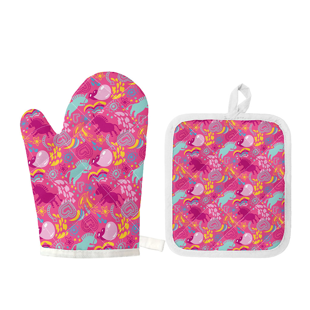 Pink Girly Unicorn Print Oven Mitt And Pot Holder Set