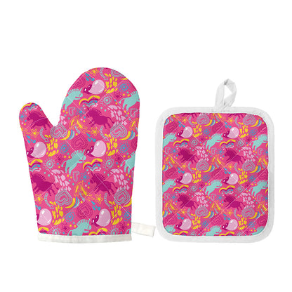 Pink Girly Unicorn Print Oven Mitt And Pot Holder Set