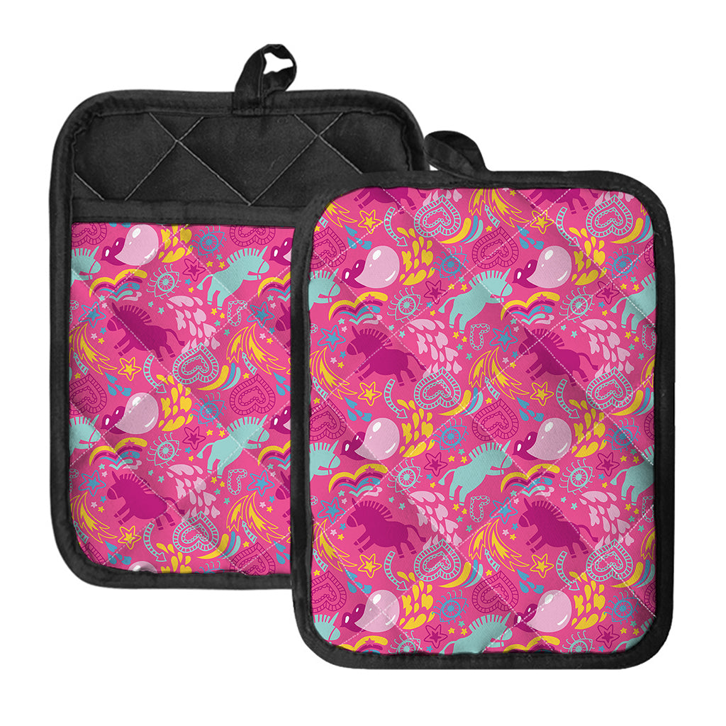 Pink Girly Unicorn Print Pot Holders With Pocket