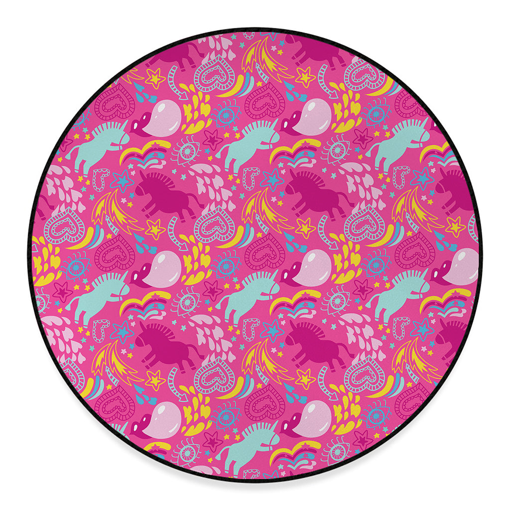 Pink Girly Unicorn Print Round Floor Mat