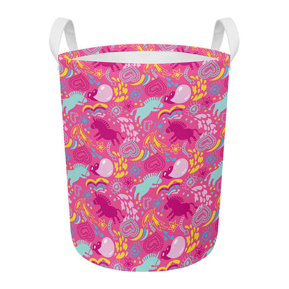 Pink Girly Unicorn Print Round Laundry Basket