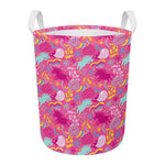 Pink Girly Unicorn Print Round Laundry Basket