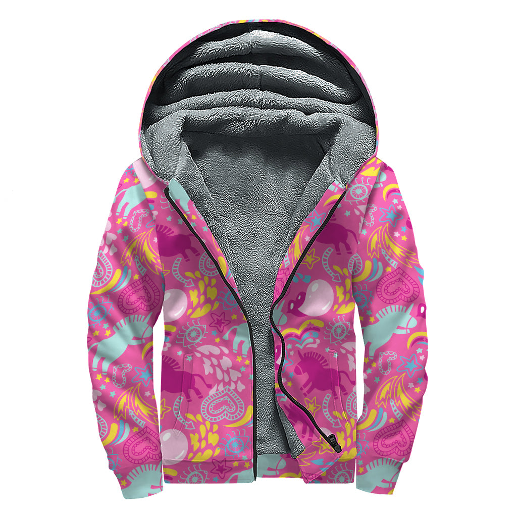 Pink Girly Unicorn Print Sherpa Lined Zip Up Hoodie