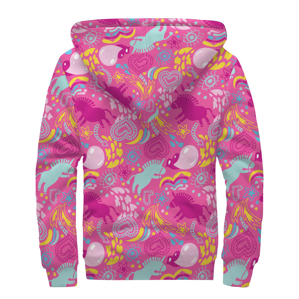Pink Girly Unicorn Print Sherpa Lined Zip Up Hoodie