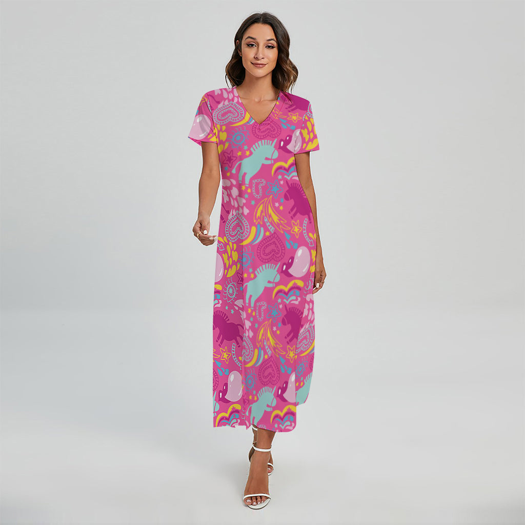 Pink Girly Unicorn Print Short Sleeve Maxi Dress