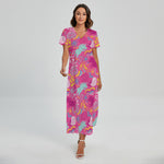 Pink Girly Unicorn Print Short Sleeve Maxi Dress