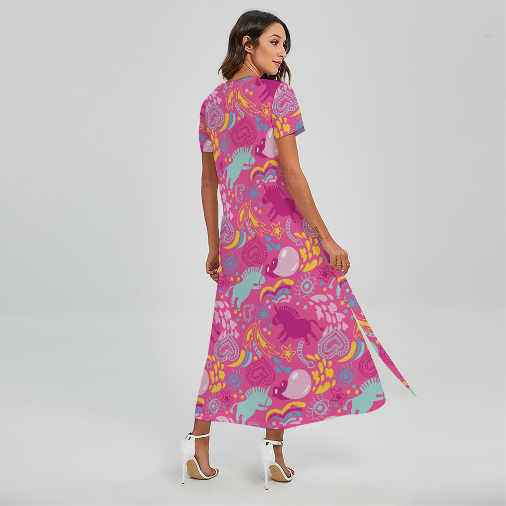 Pink Girly Unicorn Print Short Sleeve Maxi Dress