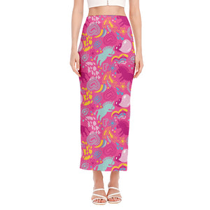 Pink Girly Unicorn Print Side Slit Maxi Skirt