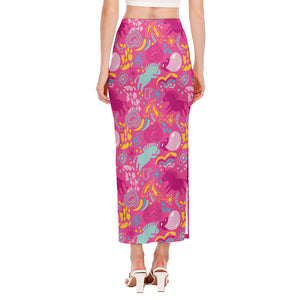 Pink Girly Unicorn Print Side Slit Maxi Skirt