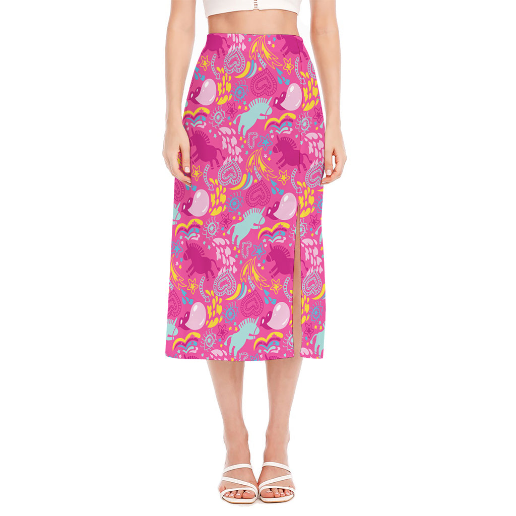 Pink Girly Unicorn Print Side Slit Midi Skirt