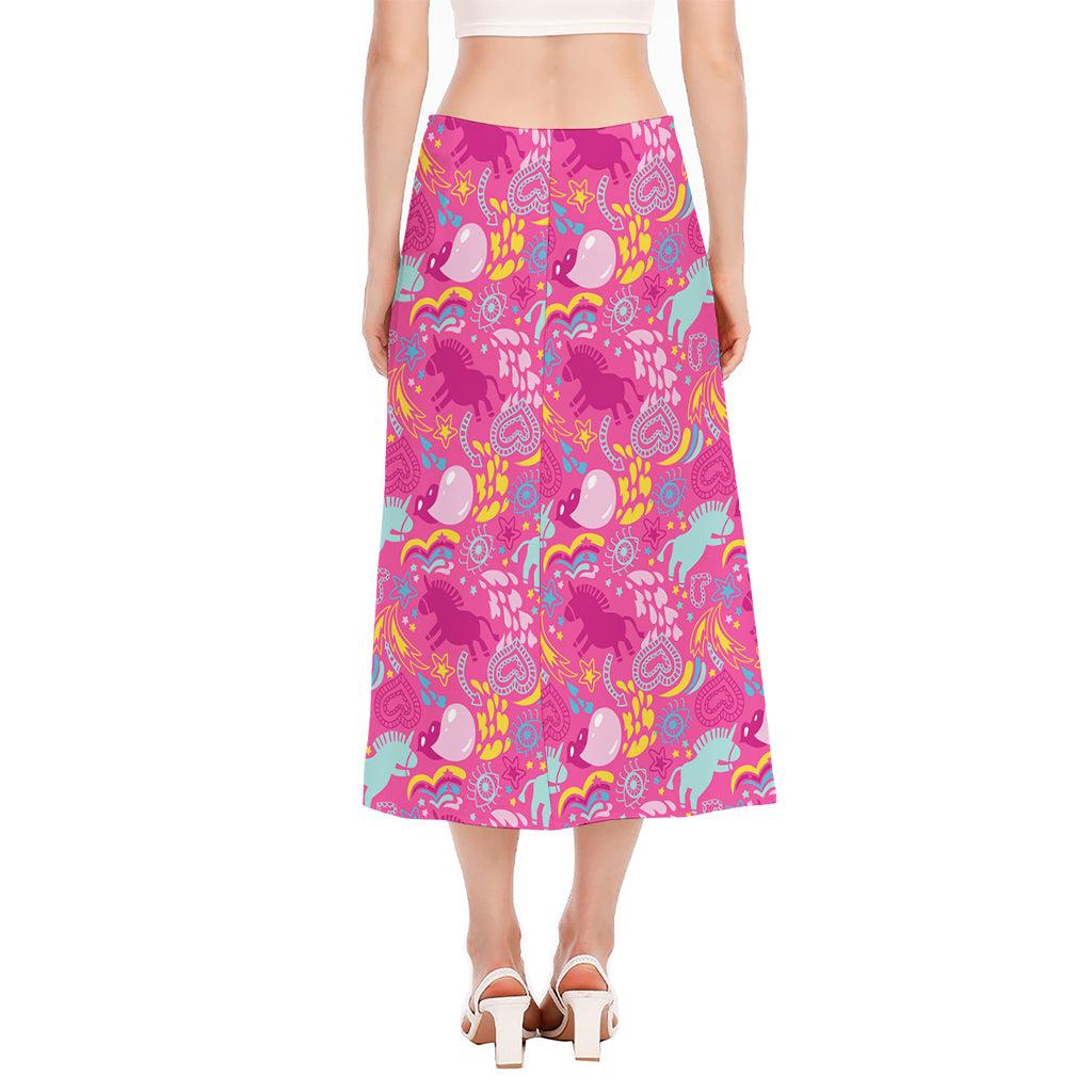 Pink Girly Unicorn Print Side Slit Midi Skirt