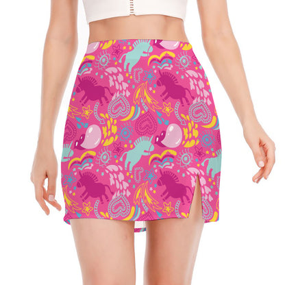 Pink Girly Unicorn Print Side Slit Mini Skirt