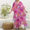 Pink Girly Unicorn Print Silk V-Neck Kaftan Dress