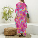 Pink Girly Unicorn Print Silk V-Neck Kaftan Dress