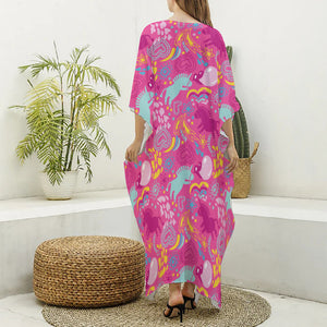 Pink Girly Unicorn Print Silk V-Neck Kaftan Dress