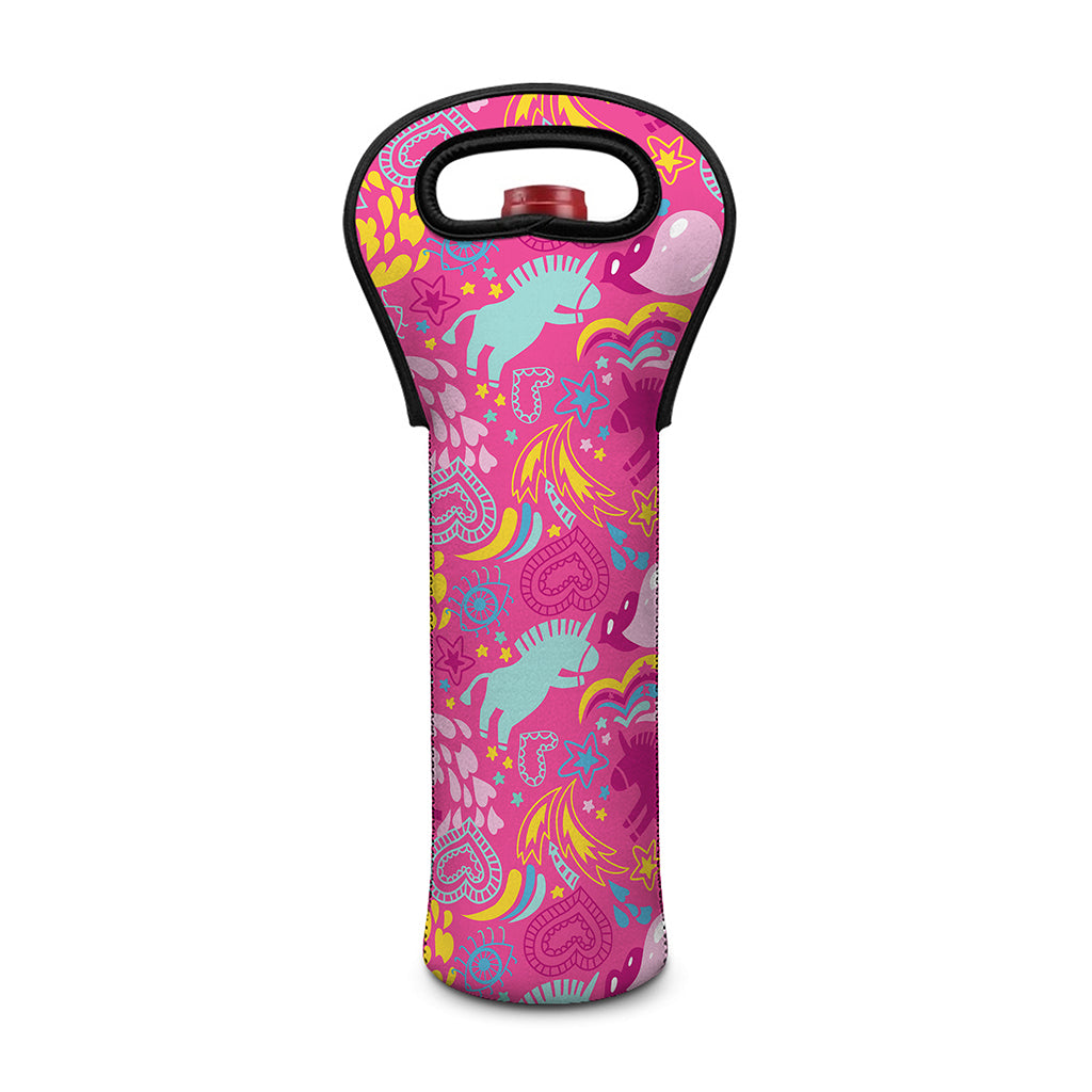 Pink Girly Unicorn Print Single Neoprene Wine Tote