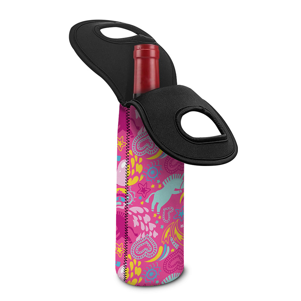 Pink Girly Unicorn Print Single Neoprene Wine Tote