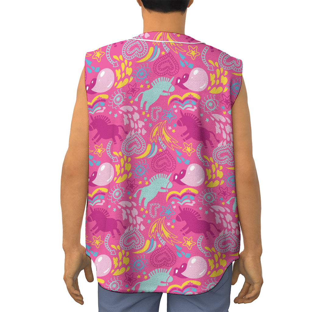 Pink Girly Unicorn Print Sleeveless Baseball Jersey