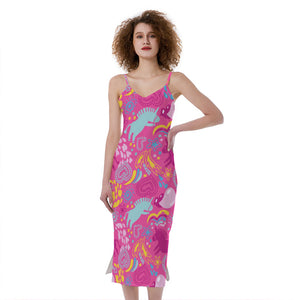 Pink Girly Unicorn Print Slim Fit Midi Cami Dress