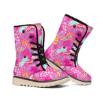 Pink Girly Unicorn Print Winter Boots