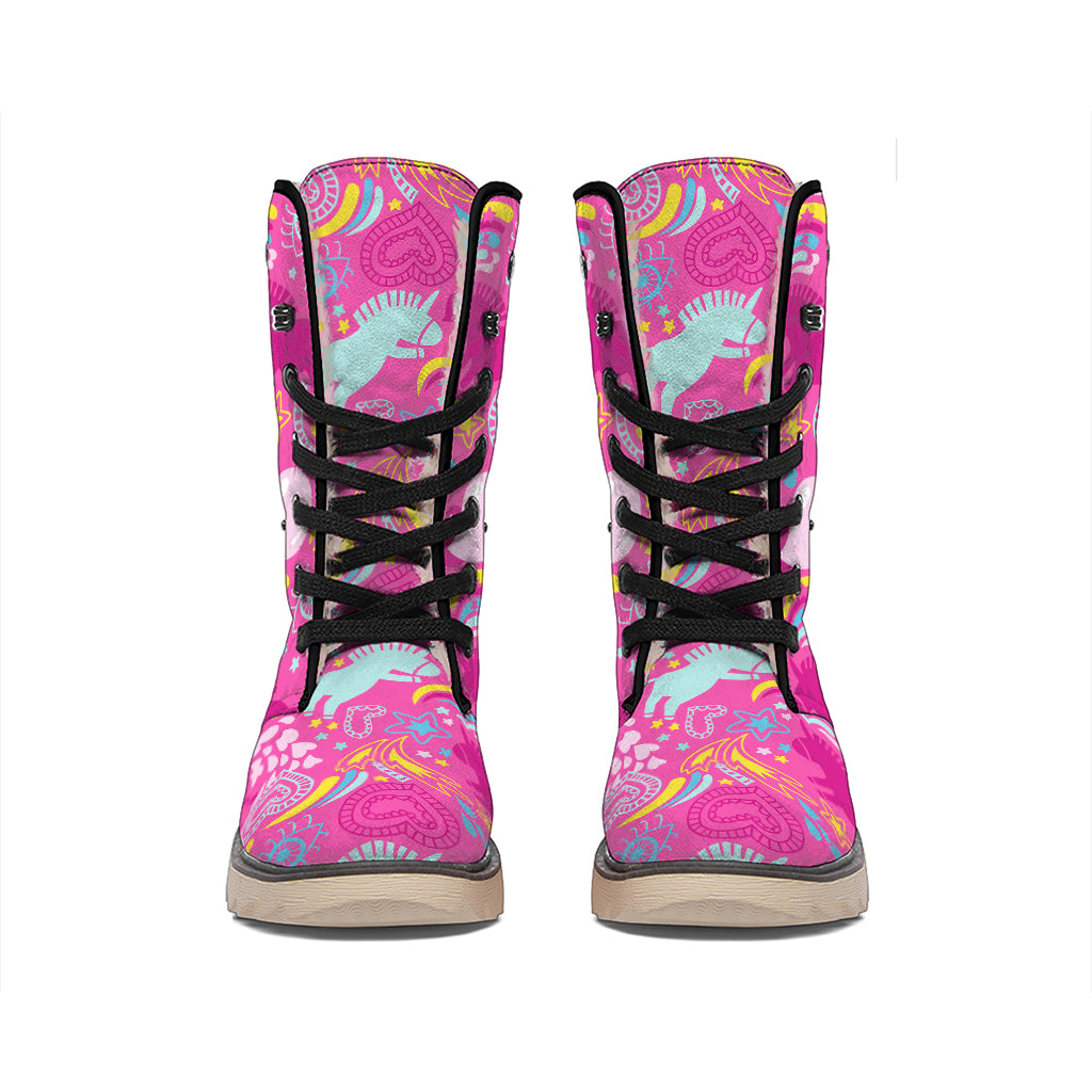 Pink Girly Unicorn Print Winter Boots