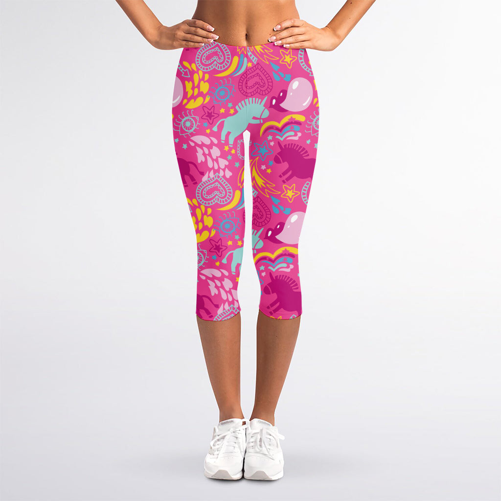 Pink Girly Unicorn Print Women's Capri Leggings
