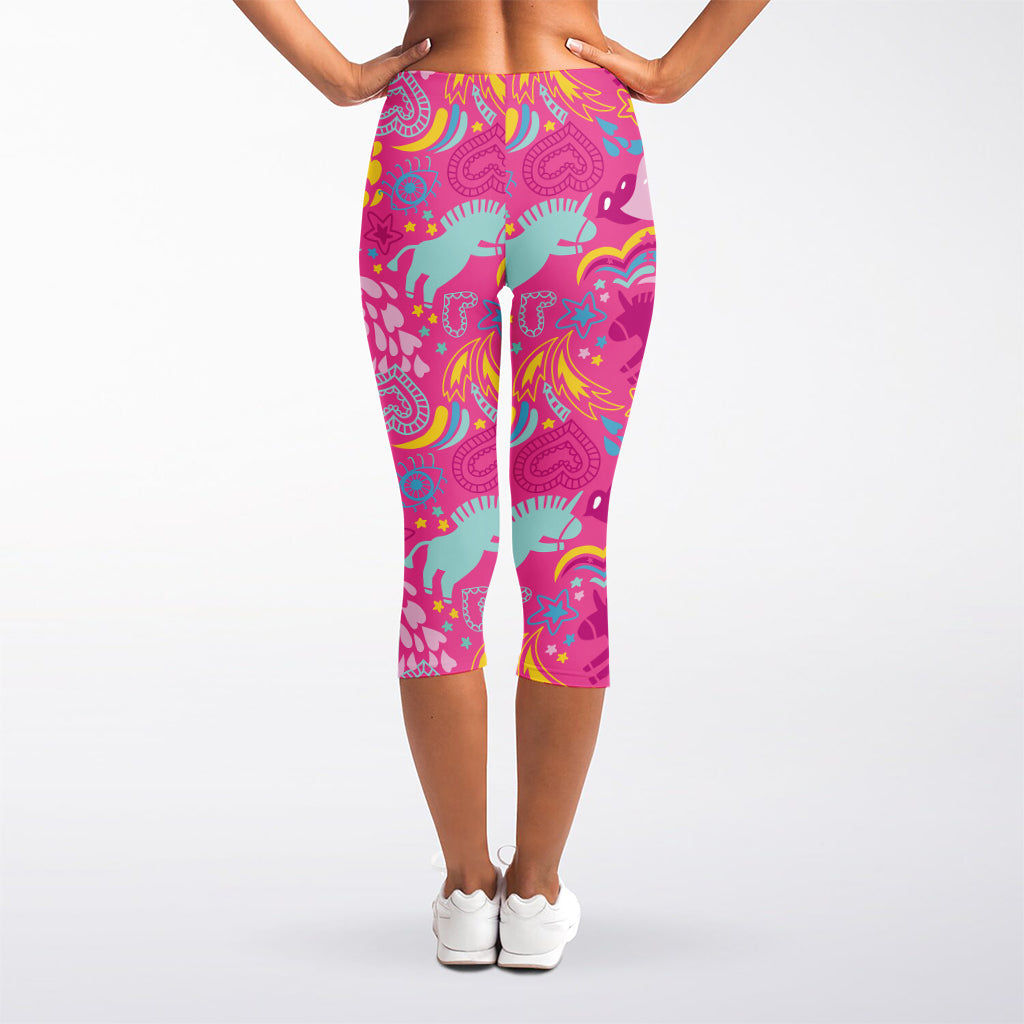Pink Girly Unicorn Print Women's Capri Leggings