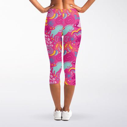 Pink Girly Unicorn Print Women's Capri Leggings