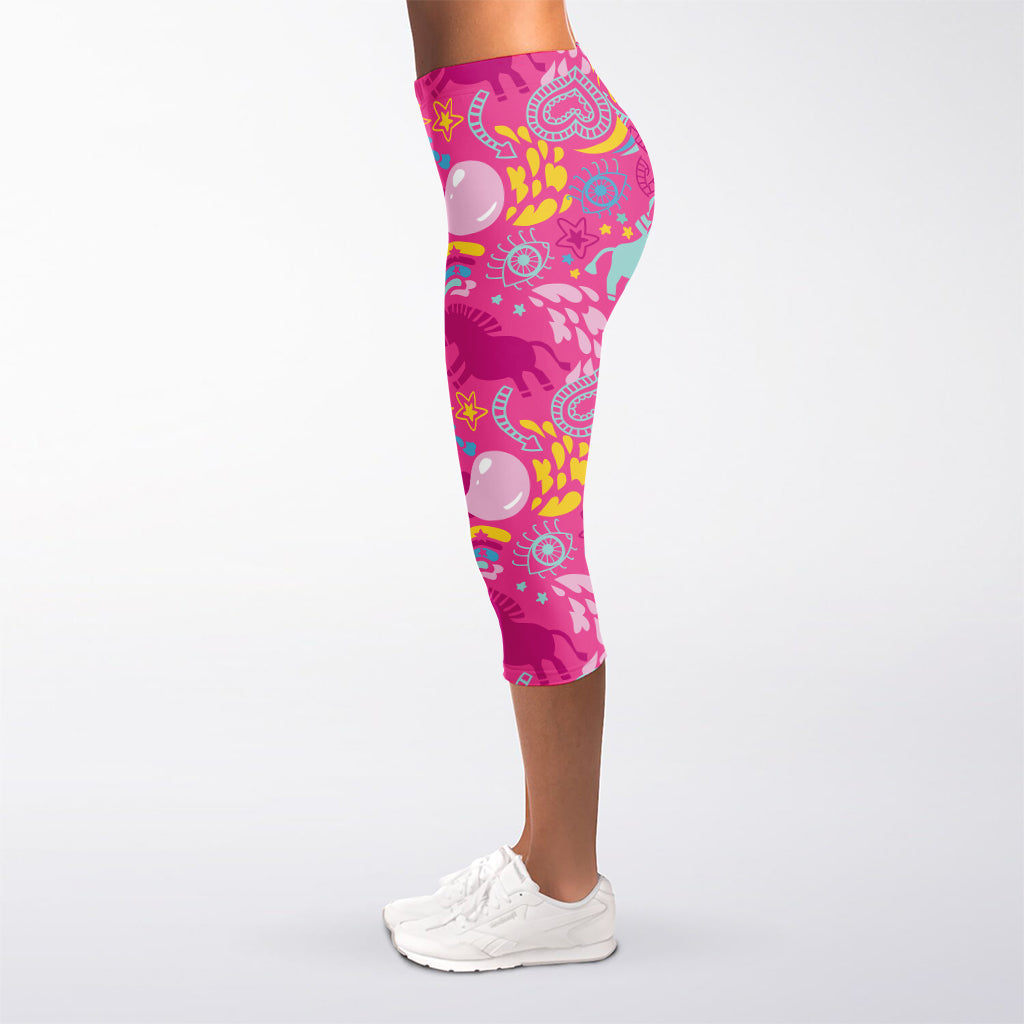 Pink Girly Unicorn Print Women's Capri Leggings