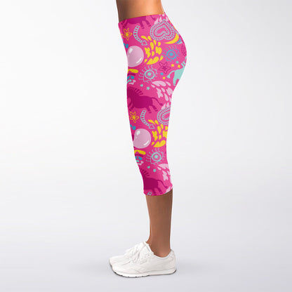 Pink Girly Unicorn Print Women's Capri Leggings