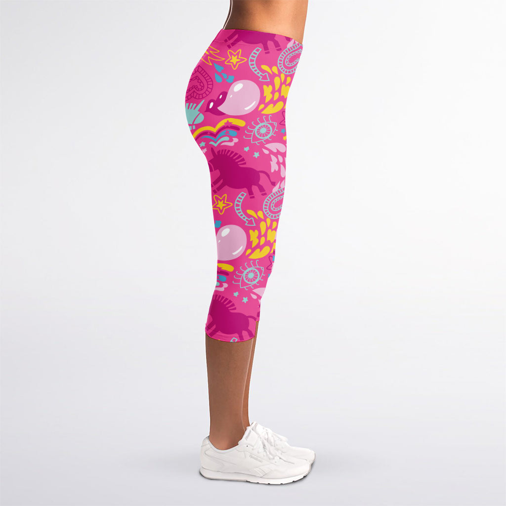 Pink Girly Unicorn Print Women's Capri Leggings
