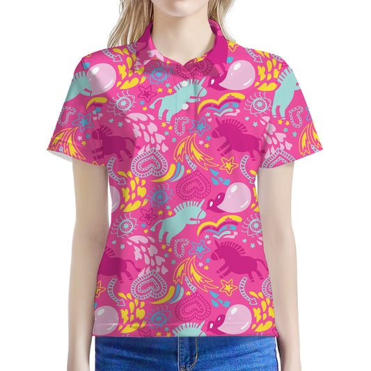 Pink Girly Unicorn Print Women's Polo Shirt