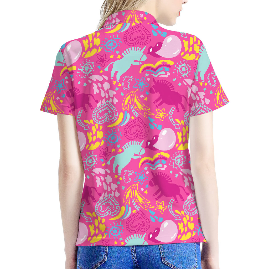 Pink Girly Unicorn Print Women's Polo Shirt