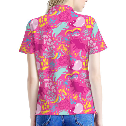 Pink Girly Unicorn Print Women's Polo Shirt
