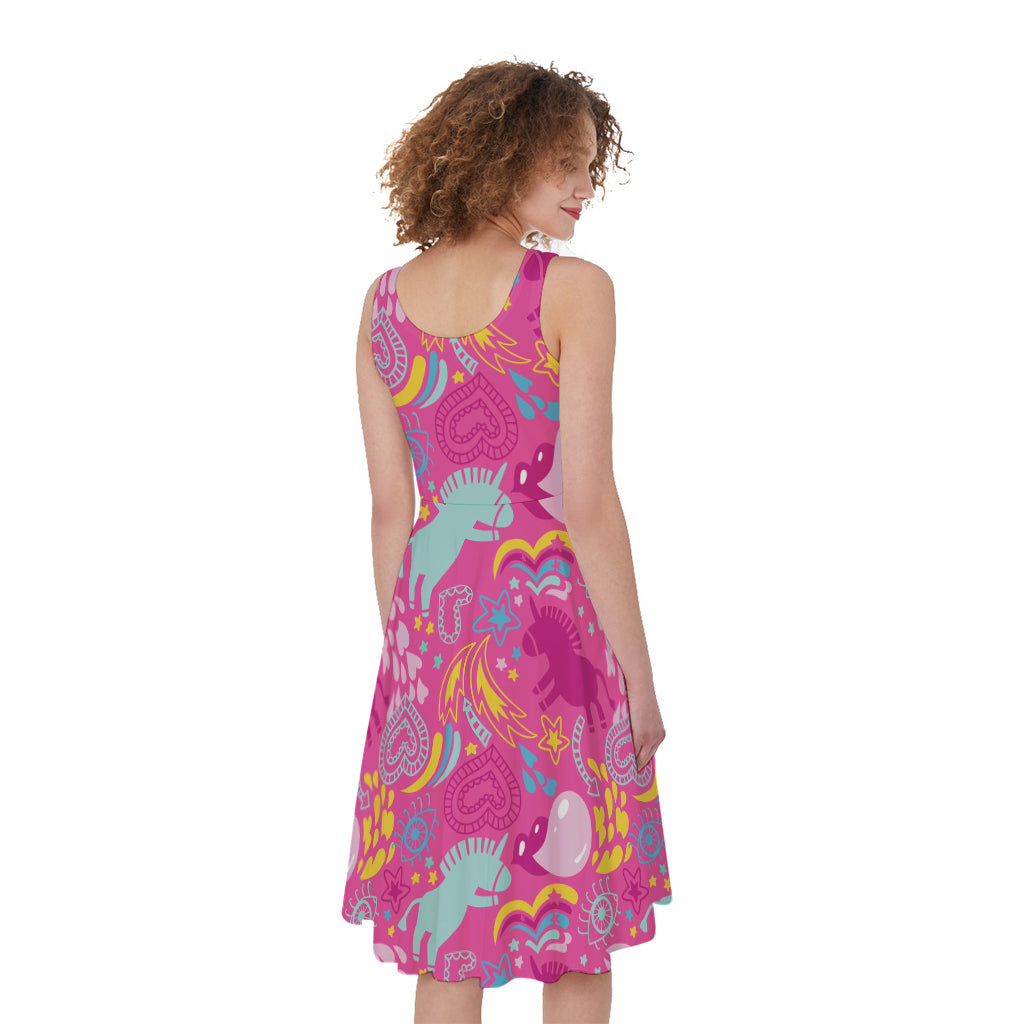 Pink Girly Unicorn Print Women's Sleeveless Dress