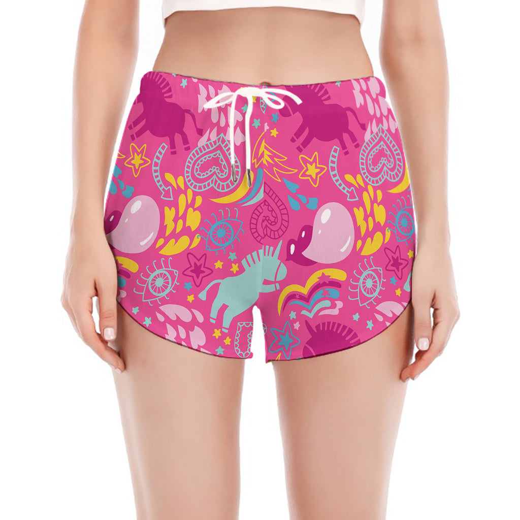 Pink Girly Unicorn Print Women's Split Running Shorts