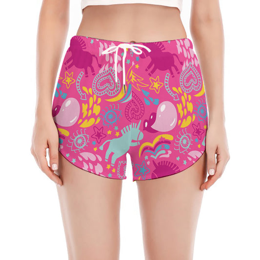 Pink Girly Unicorn Print Women's Split Running Shorts