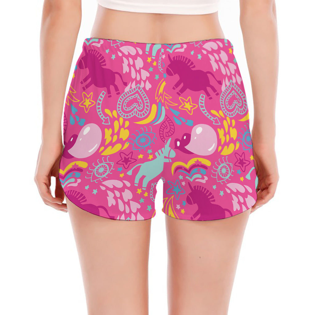 Pink Girly Unicorn Print Women's Split Running Shorts