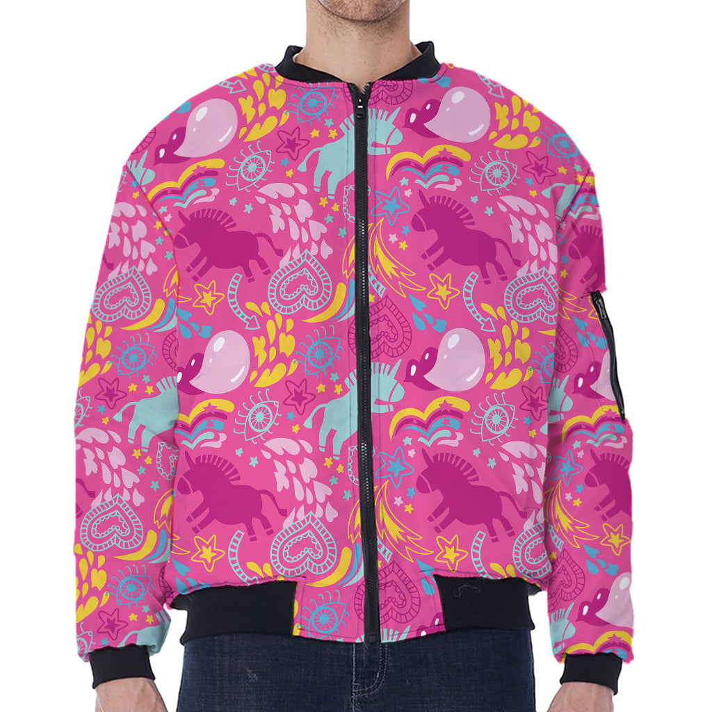 Pink Girly Unicorn Print Zip Sleeve Bomber Jacket