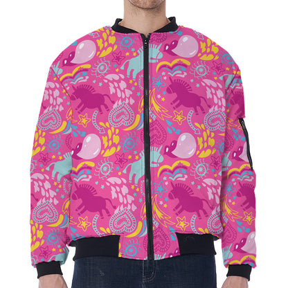 Pink Girly Unicorn Print Zip Sleeve Bomber Jacket