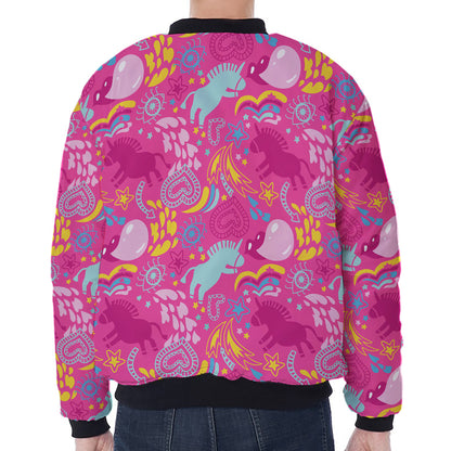 Pink Girly Unicorn Print Zip Sleeve Bomber Jacket