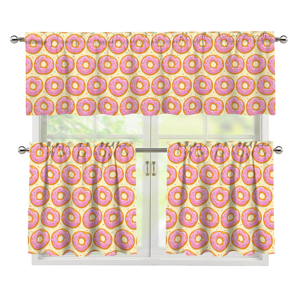 Pink Glazed Donut Pattern Print 3 Piece Kitchen Curtains
