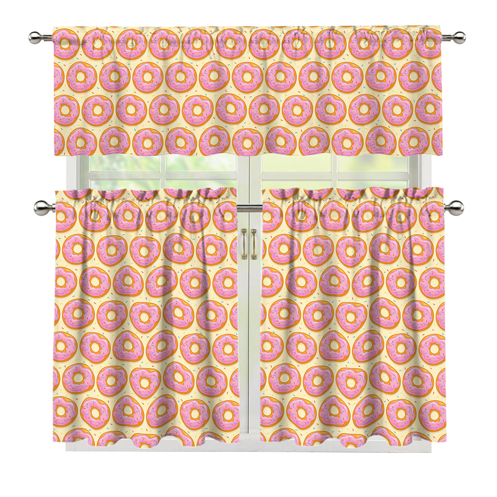 Pink Glazed Donut Pattern Print 3 Piece Kitchen Curtains