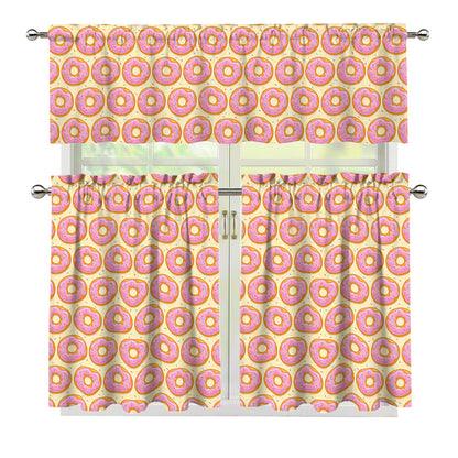 Pink Glazed Donut Pattern Print 3 Piece Kitchen Curtains