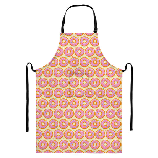 Pink Glazed Donut Pattern Print Bib Apron With Pocket