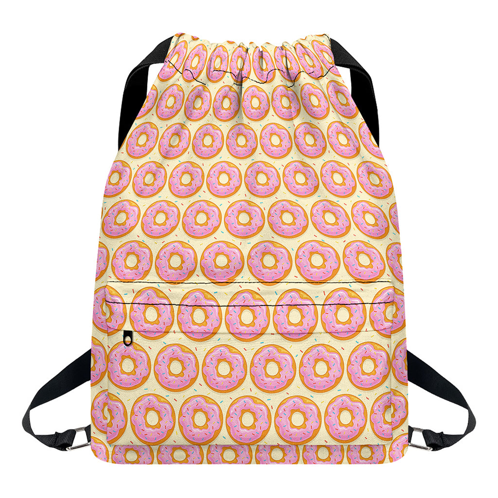 Pink Glazed Donut Pattern Print Drawstring Backpack