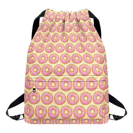 Pink Glazed Donut Pattern Print Drawstring Backpack