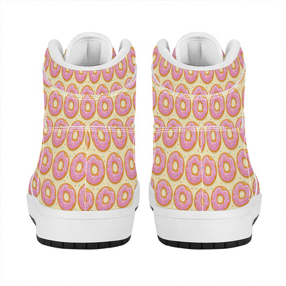 Pink Glazed Donut Pattern Print High Top Leather Sneakers