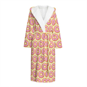 Pink Glazed Donut Pattern Print Hooded Bathrobe