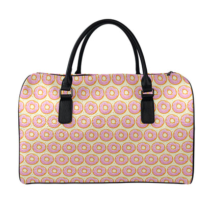 Pink Glazed Donut Pattern Print Leather Duffle Bag